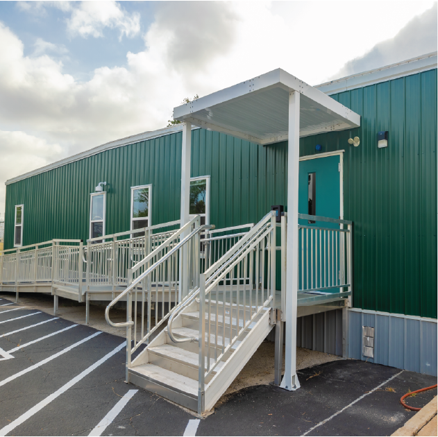 Mobile Modular commercial building with landing platform and stairs